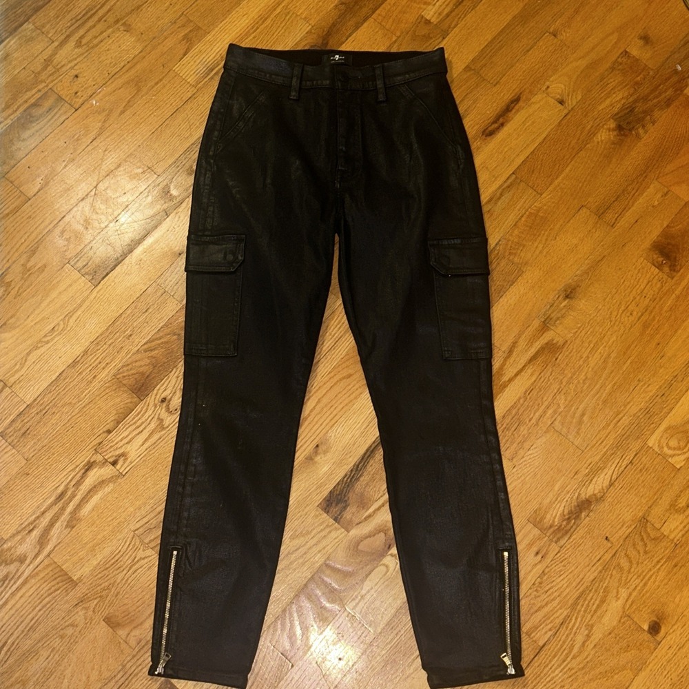 Seven For All Mankind Women's Black Coated Cargo Pants 28 Ankle Zip